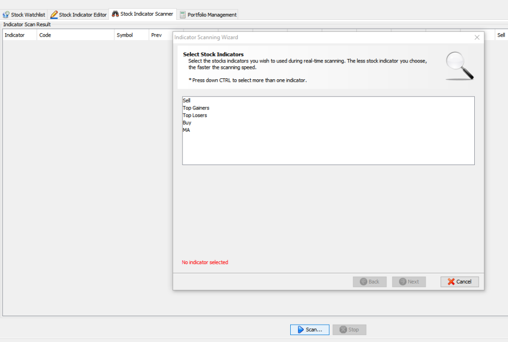 choosing an indicator for running stock scan in JStock