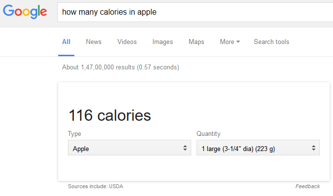 google search for calories in apple