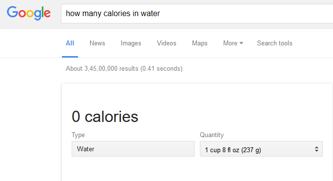 google search for calories in a glass of water