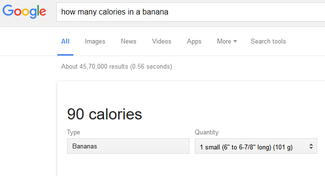 google search for calories in banana