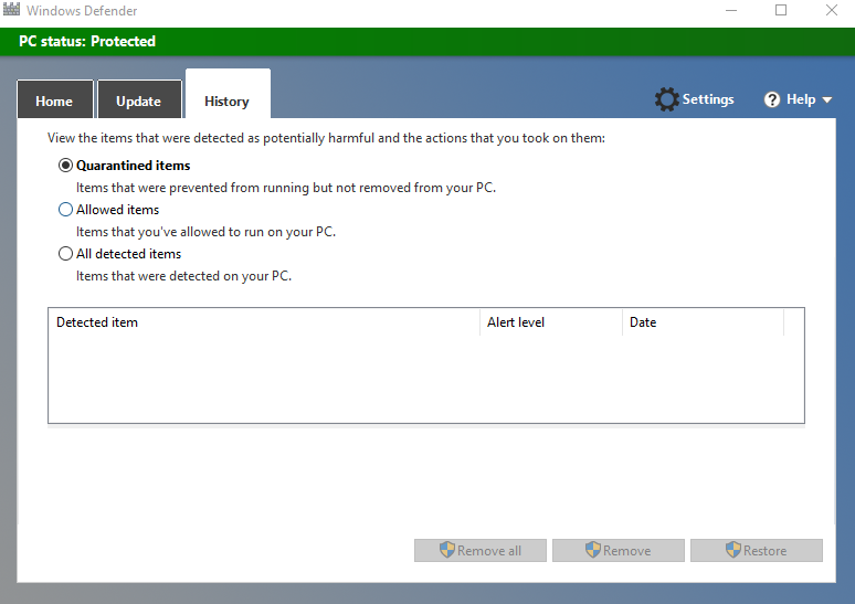 History tab in Windows Defender