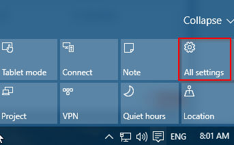 All settings option from Windows 10 action center