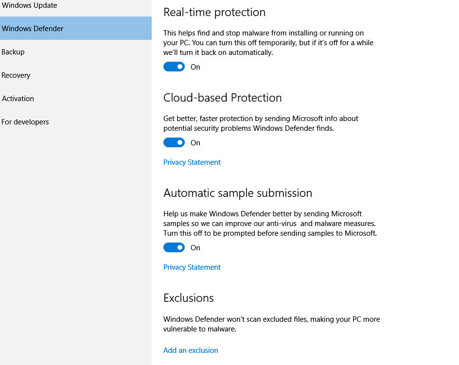 Windows Defender settings in Windows 10