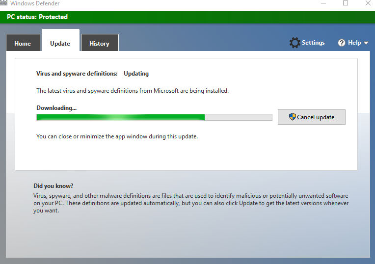 manually updating Windows Defender definitions