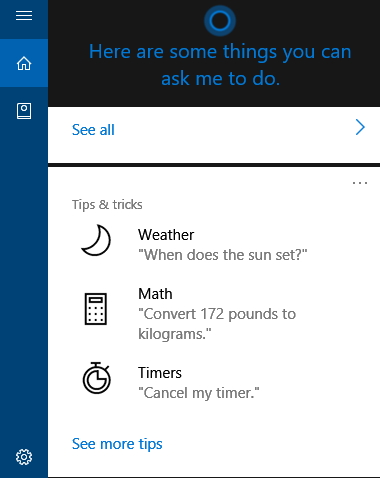 cortana screen in windows 10