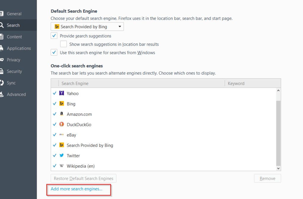 adding other search engines in Firefox