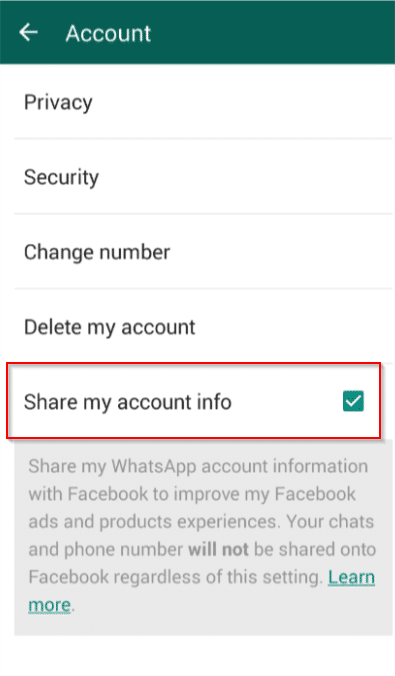 disable account info sharing in whatsapp