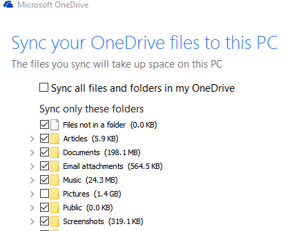 only selecting specific folders for OneDrive syncing to local PC