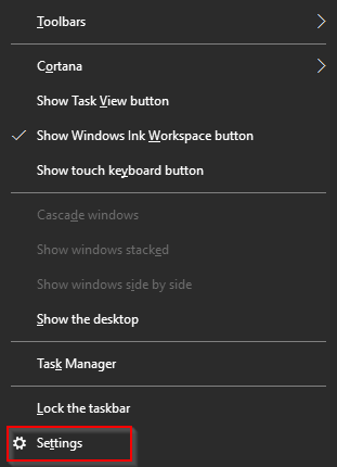 accessing windows 10 settings from taskbar