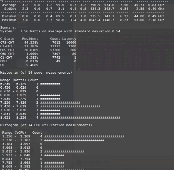 detailed statistics of laptop battery consumption data displayed by powerstat in linux mint