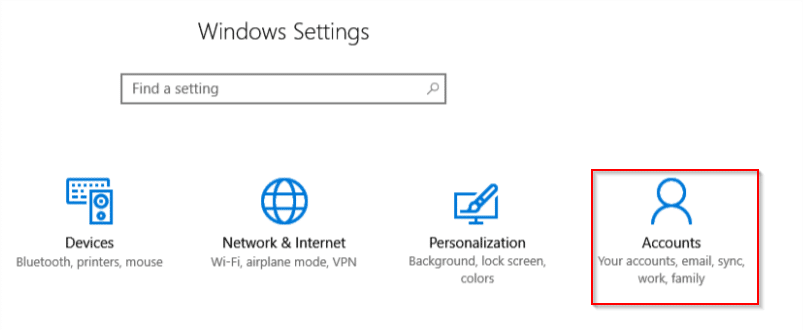 Accessing Windows 10 Accounts settings