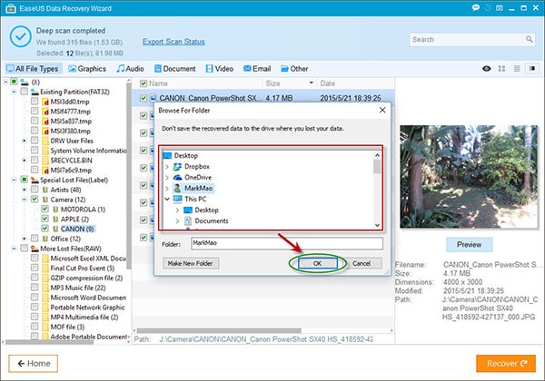 choosing destination path for recovering lost data