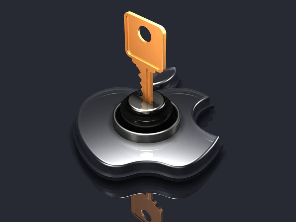 3d illustration of a large brass key inserted into a glass Apple logo on a gray reflective surface