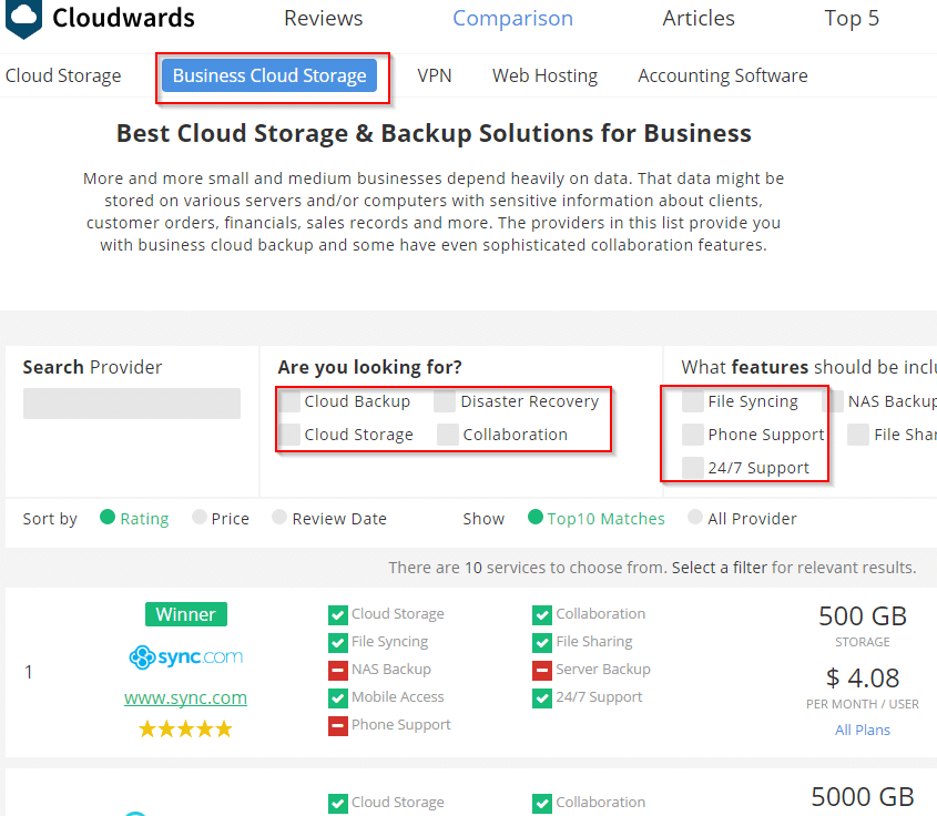 choosing business cloud storage providers through online tool