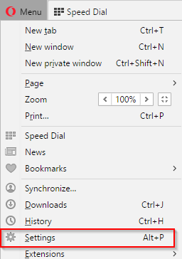 accessing settings in Opera browser
