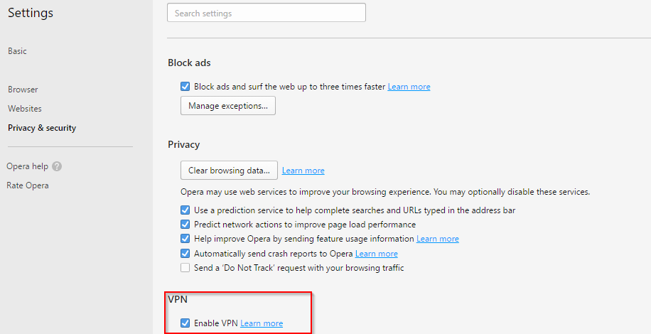 enabling VPN mode in Opera browser