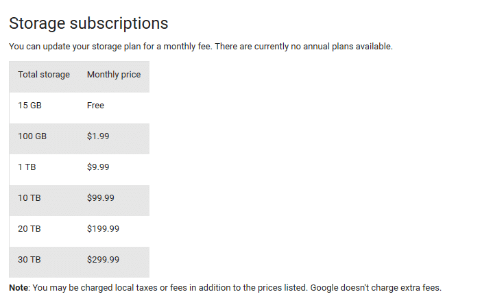 google drive storage plans