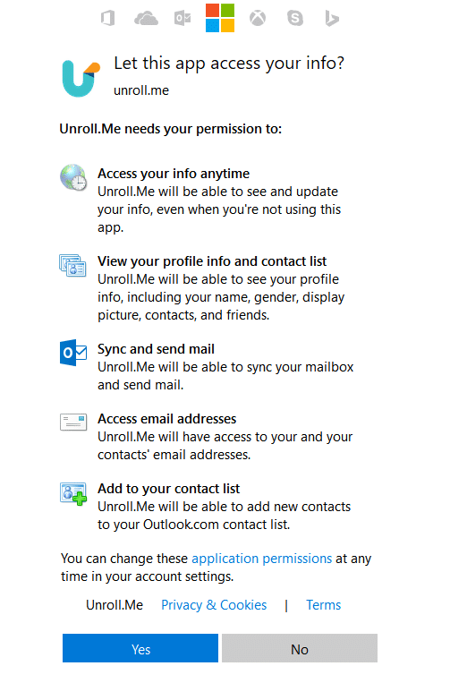 app permissions when using unroll.me