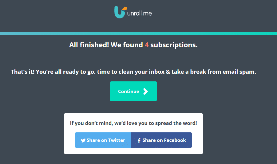 list of subscriptions in inbox detected by unroll.me