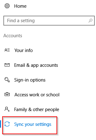 changing sync settings in windows 10