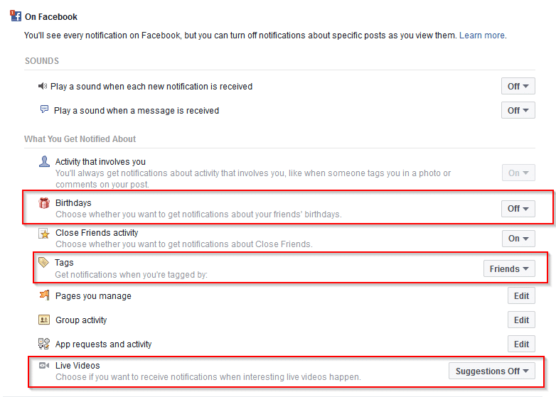 customizing notification settings in Facebook