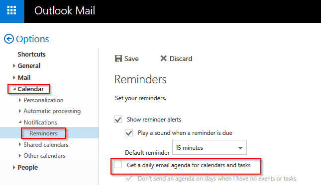 turn off daily schedule emails in outlook.com