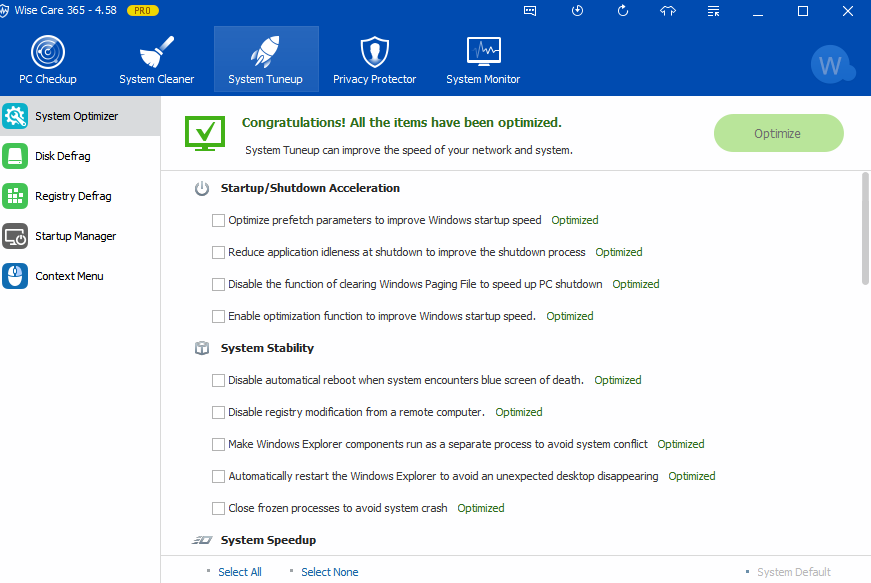 system tune up settings in wise care 365