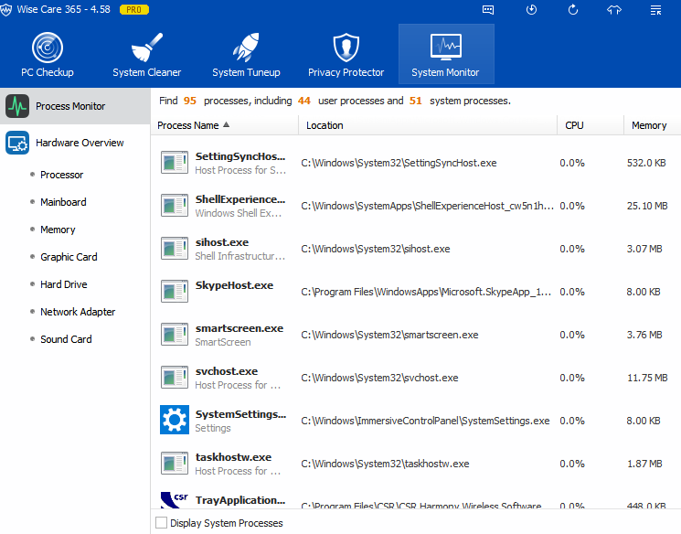 manage Windows system processes using wise care 365