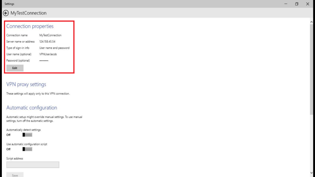 connection settings for added vpn in windows 10