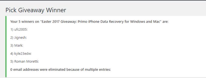 giveaway winners of Primo iPhone Data Recovery giveaway