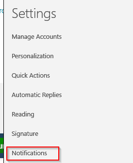 Settings menu in Windows 10 Mail app