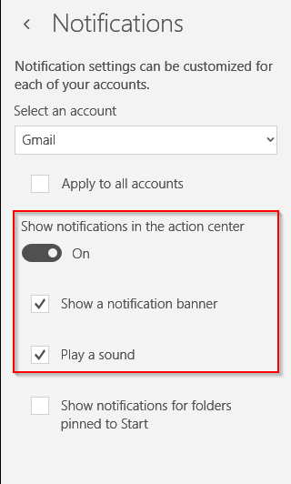 configuring email notifications for Windows 10 Mail 