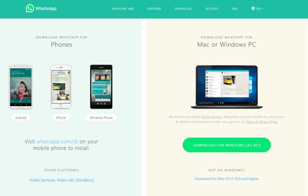 Whatsapp messenger download page for Windows and Mac