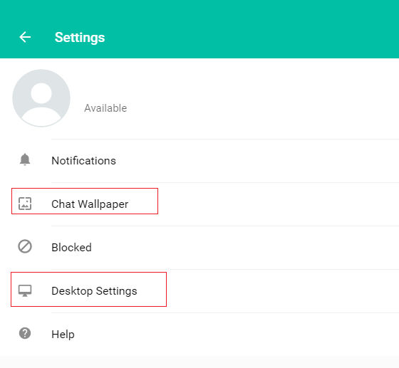 settings menu in Whatsapp messenger for Windows