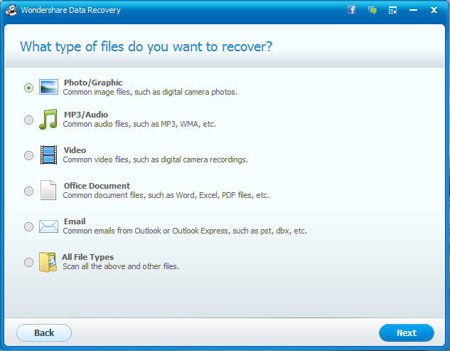 Specifying the file types to be recovered