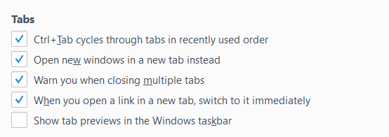 Tab settings in Firefox