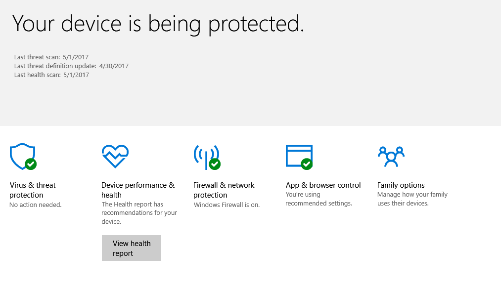 Windows Defender Security Center dashboard in Windows 10 Creators' update