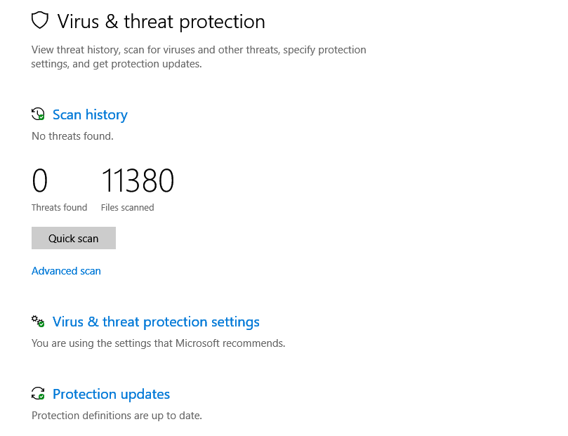 virus and scan statistics in Windows Defender Security Center