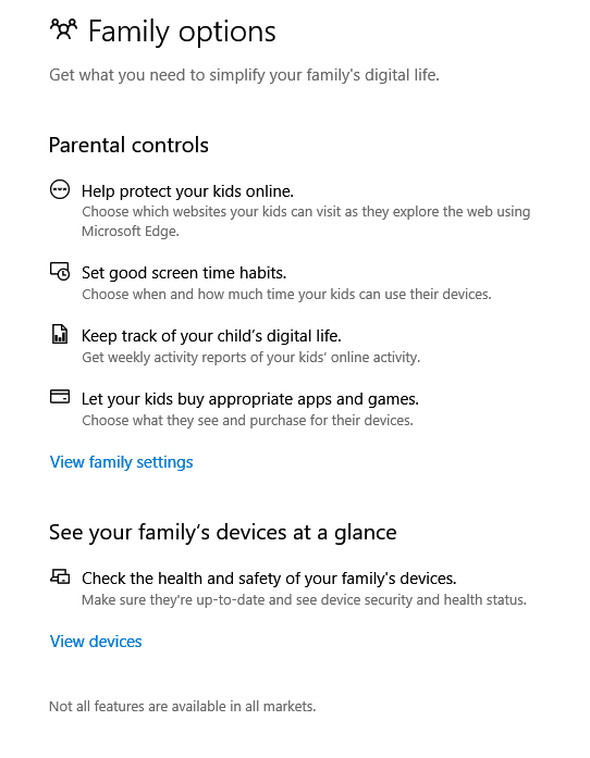 choosing parental controls through Windows Defender Security Center