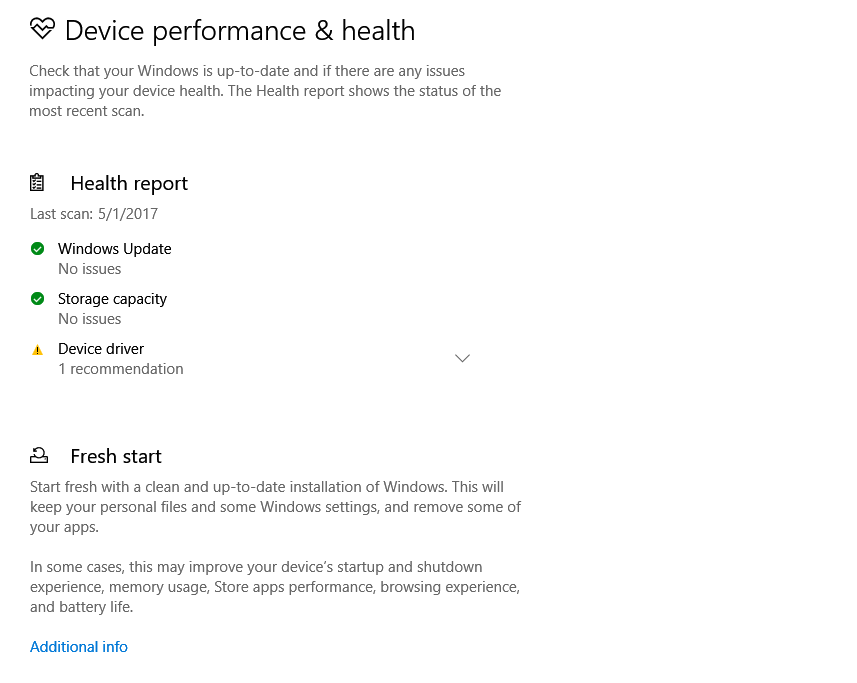 device performance and health settings in Windows Defender Security Center