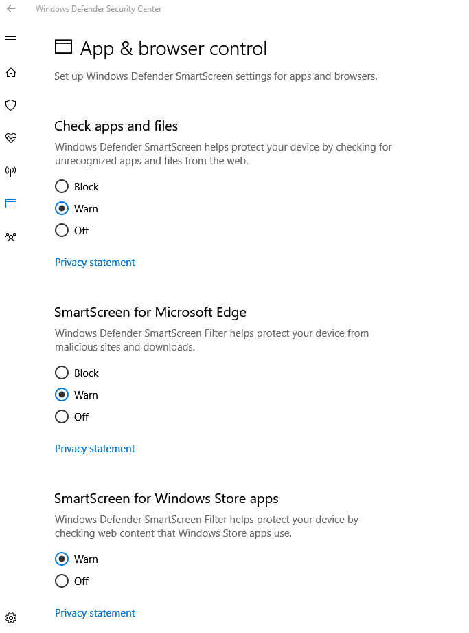 using smartscreen for filtering apps and websites in Windows Defender Security Center