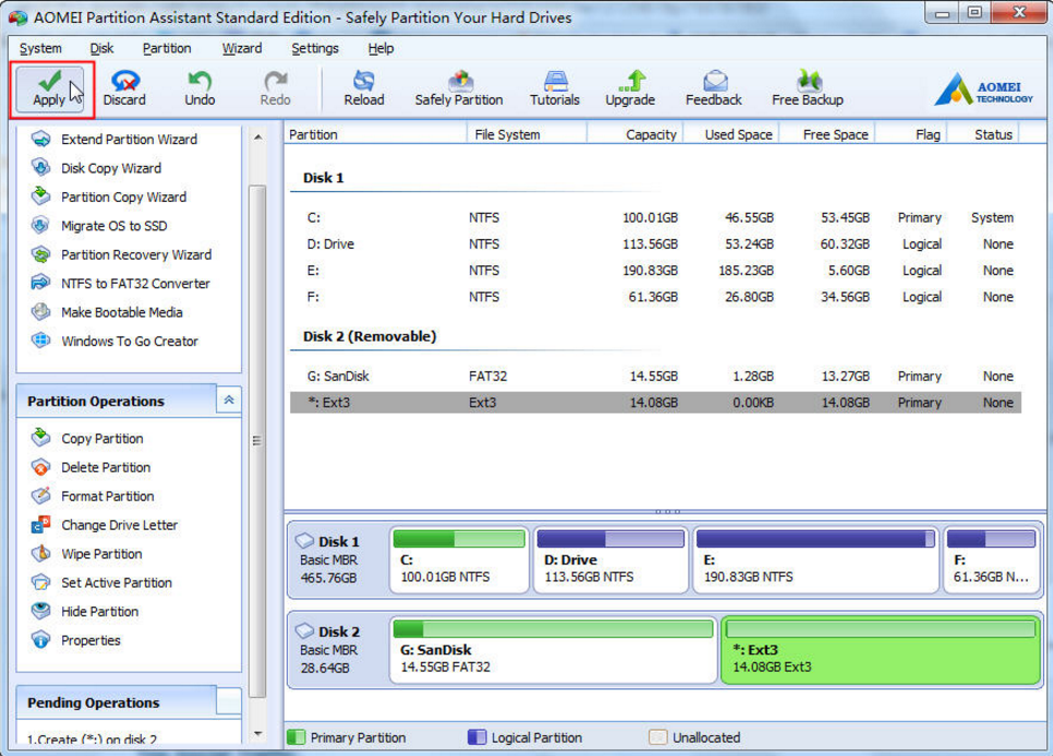 applying configuration changes for partitioning SD card