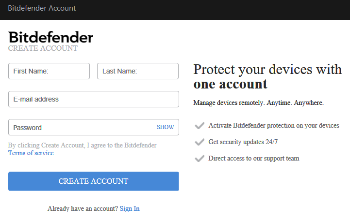 creating a bitdefender account