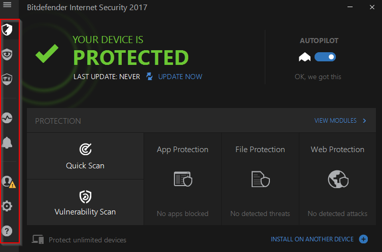 central interface of Bitdefender Internet Security 2017