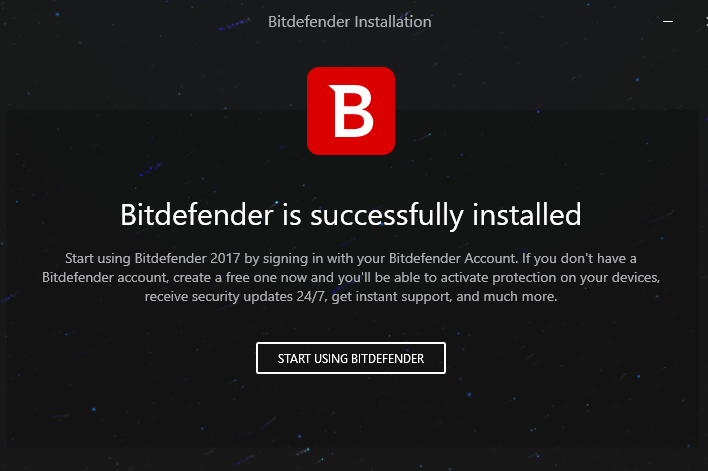 completed installation of Bitdefender Internet Security 2017