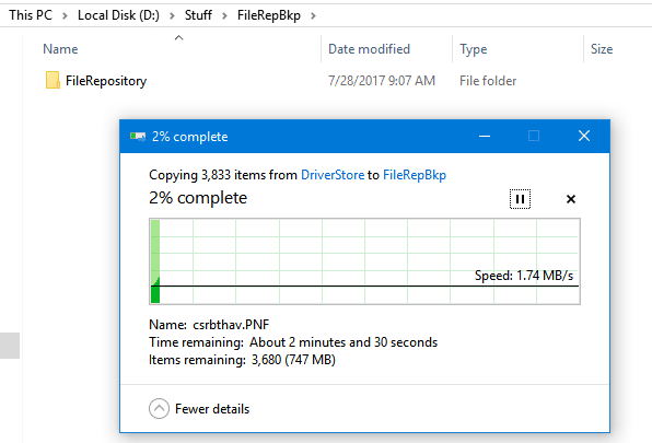 backing up file repository folder from windows 10 drivers path to a new location