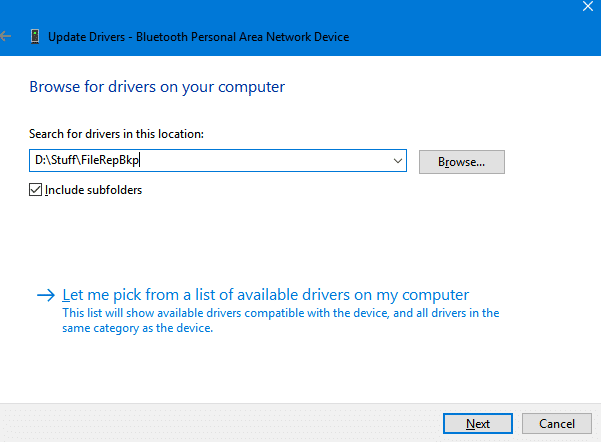 choosing the backed up drivers path for adding drivers in Windows 10