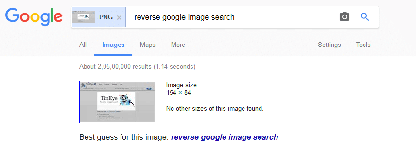 google images results for the reverse searched image