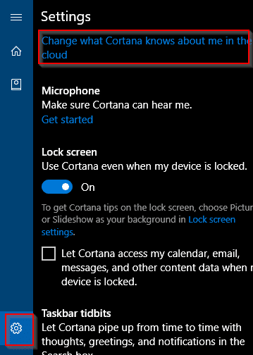 cortana settings in windows 10