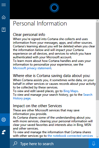 clearing personal information when using cortana